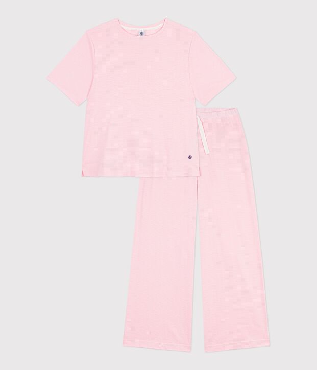 Pyjama femme en coton jambes larges &agrave; rayures rose/blanc