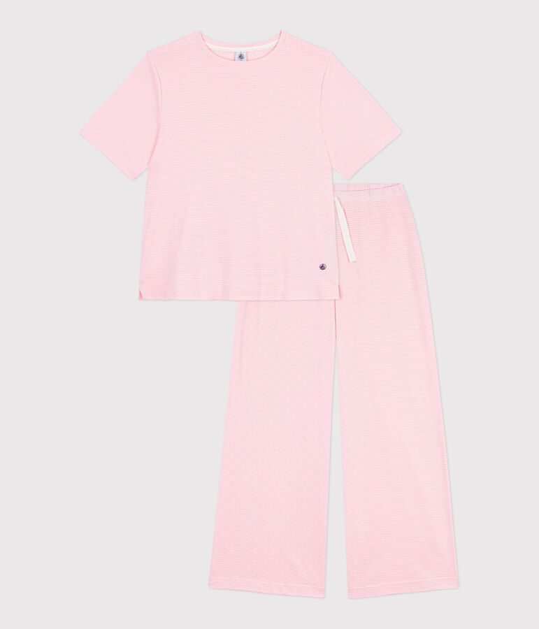 Pyjama femme en coton jambes larges &agrave; rayures rose/blanc
