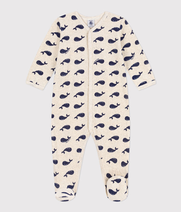 Pyjama b&eacute;b&eacute; baleines marines en velours beige/bleu