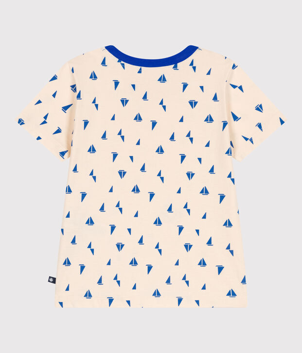 Teeshirt enfant en coton manches courtes imprim&eacute; &eacute;cru/bleu
