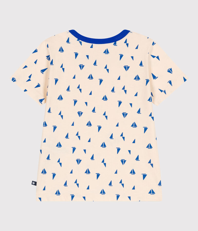 Teeshirt enfant en coton manches courtes imprim&eacute; &eacute;cru/bleu