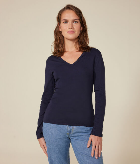Tee-shirt l'Iconique manches longues en côte unie femme bleu SMOKING