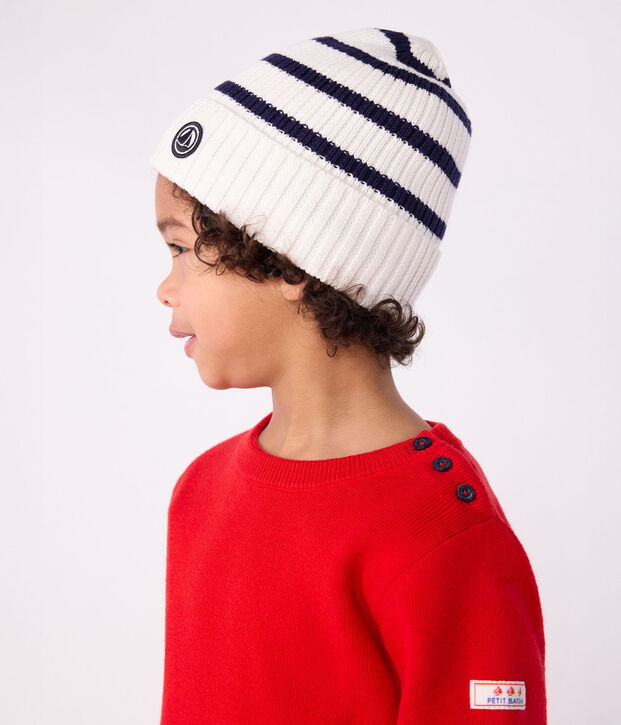 Bonnet enfant ray&eacute; en tricot doubl&eacute; en polaire bleu/bleu