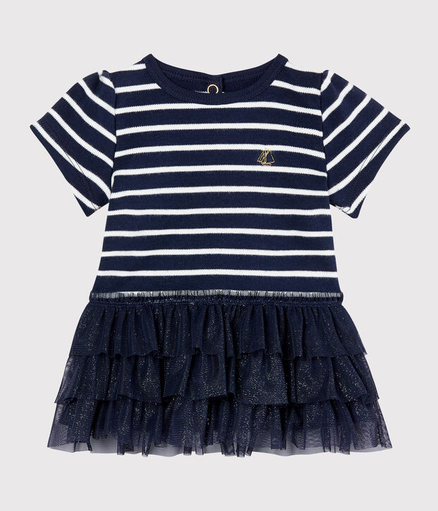Robe rayure marini&egrave;re et tulle b&eacute;b&eacute; fille bleu/blanc