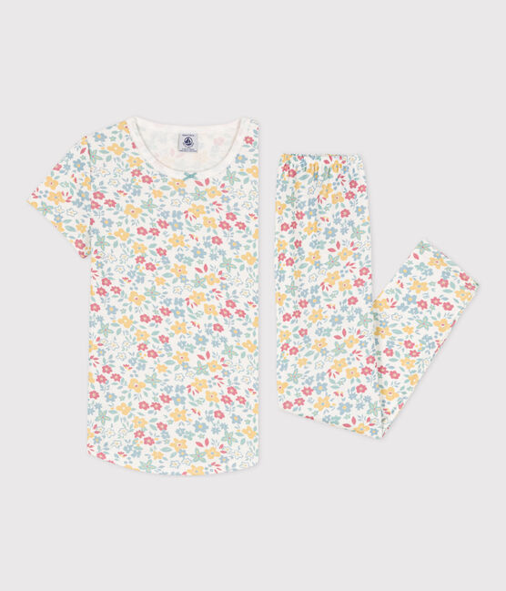 Pyjama manches courtes fleurs en coton petite fille blanc MARSHMALLOW/blanc MULTICO