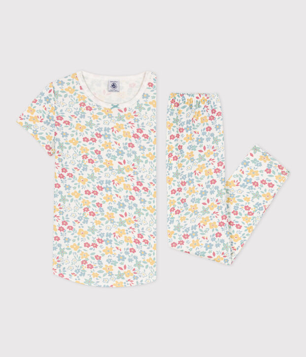 Pyjama manches courtes fleurs en coton petite fille blanc/multicouleur