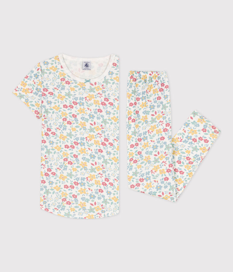 Pyjama manches courtes fleurs en coton petite fille blanc MARSHMALLOW/blanc MULTICO