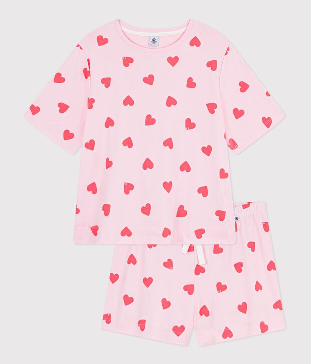 Pyjama short femme en coton imprim&eacute; c&oelig;ur rose/orange