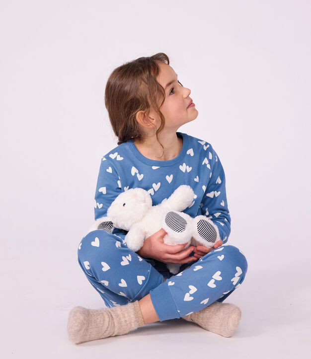 Pyjama enfant en molleton &agrave; c&oelig;urs bleu/blanc