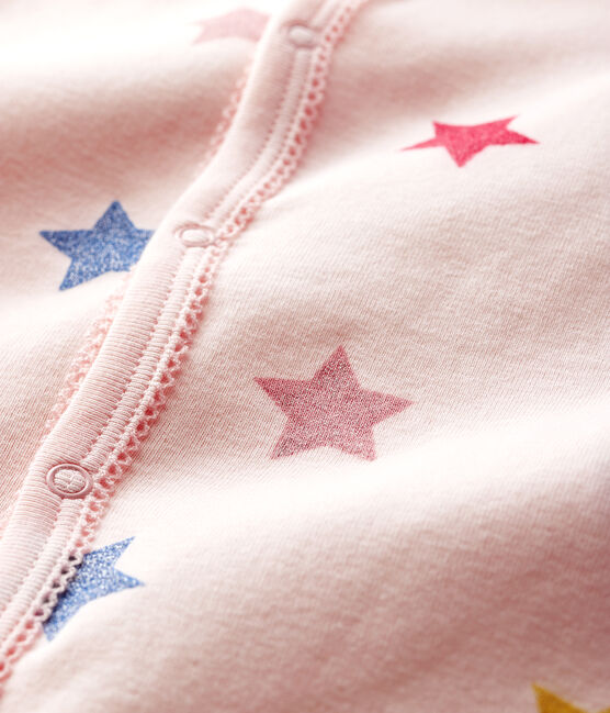 Dors-bien à étoiles sans pieds bébé fille en côte rose FLEUR/blanc MULTICO
