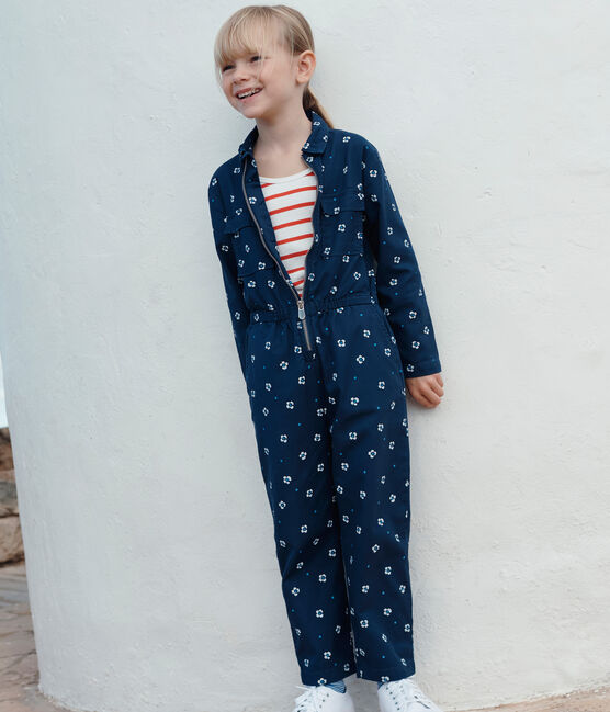 Combinaison enfant en coton manches longues fleurie bleu MEDIEVAL/blanc MARSHMALLOW