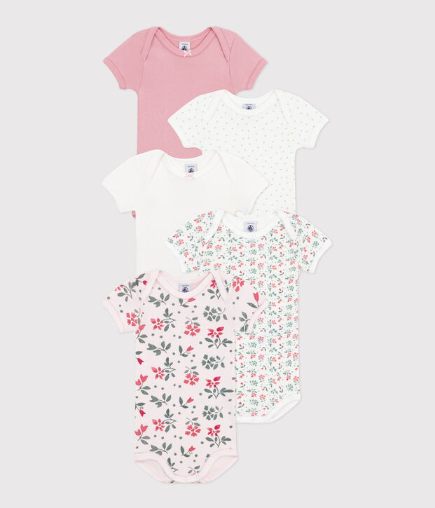 Lot de 5 bodies manches courtes en coton fleuri b&eacute;b&eacute; multicouleur