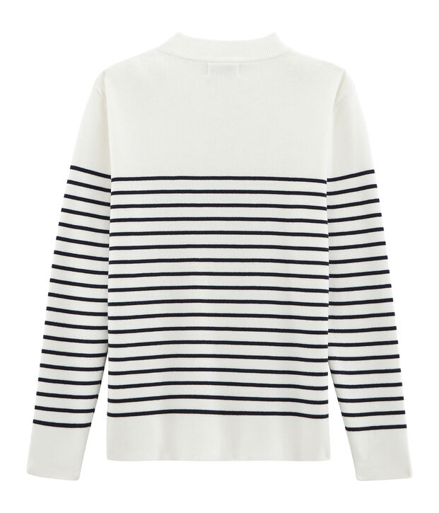 Pull marin en coton tricot c&ocirc;te 1x1. blanc/bleu