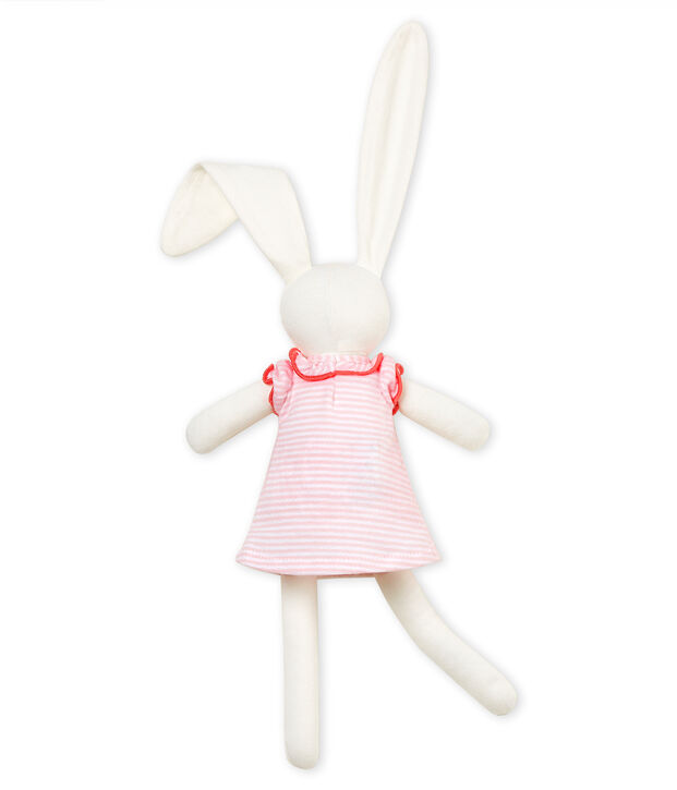 Doudou lapin habill&eacute; rose/blanc