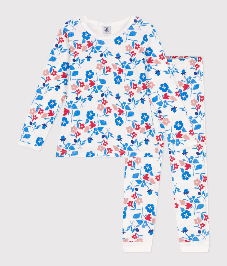 Pyjama enfant en tubique imprim&eacute; fleuri blanc MARSHMALLOW/blanc MULTICO