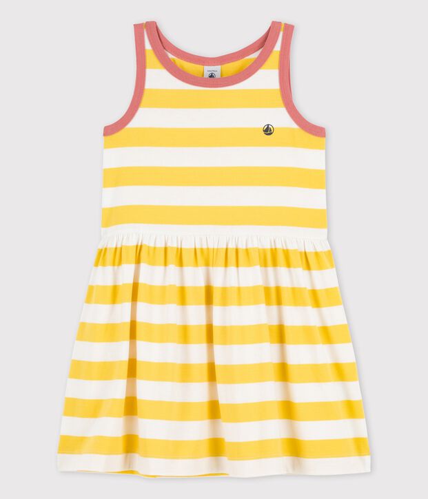 Robe ray&eacute;e sans manche en coton enfant fille jaune/blanc