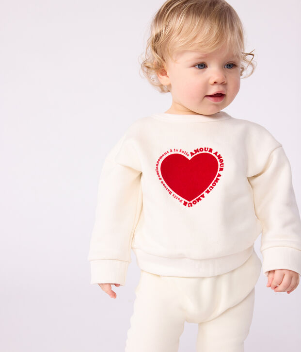 Sweatshirt b&eacute;b&eacute; en coton motif c&oelig;ur blanc cass&eacute;