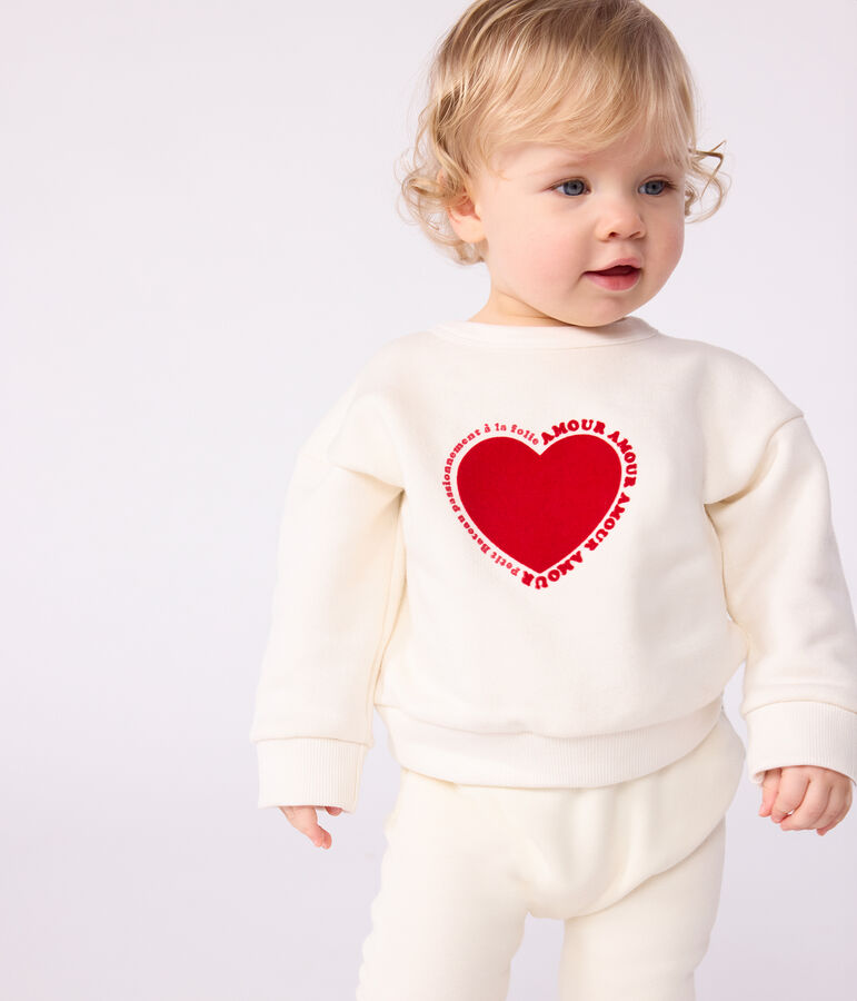 Sweatshirt b&eacute;b&eacute; en coton motif c&oelig;ur &eacute;cru