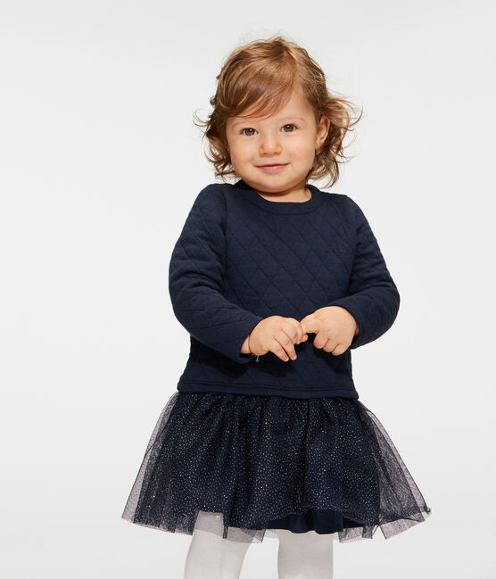 Robe manches longues bi-matière bébé fille bleu SMOKING/blanc MARSHMALLOW