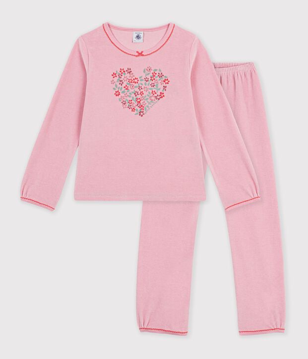 Pyjama enfant en velours &agrave; motif c&oelig;urs rose