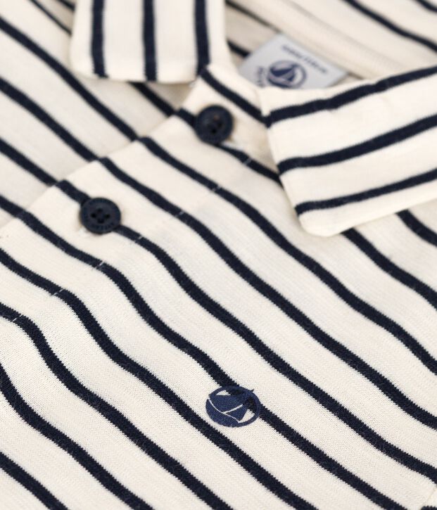 Polo enfant en coton &agrave; manches courtes &agrave; rayures &eacute;cru/bleu