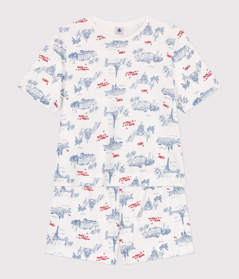 Pyjama short femme en coton imprim&eacute; Paris blanc MARSHMALLOW/blanc MULTICO