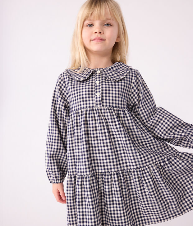 Robe enfant manches longues en flanelle &agrave; carreaux bleu/&eacute;cru