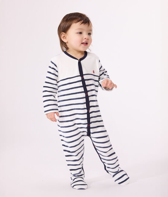 Pyjama bébé rayé en velours blanc MARSHMALLOW/bleu SMOKING