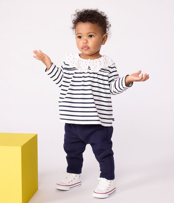 Blouse bébé en coton manches longues, marinière et col cœurs blanc MARSHMALLOW/bleu SMOKING