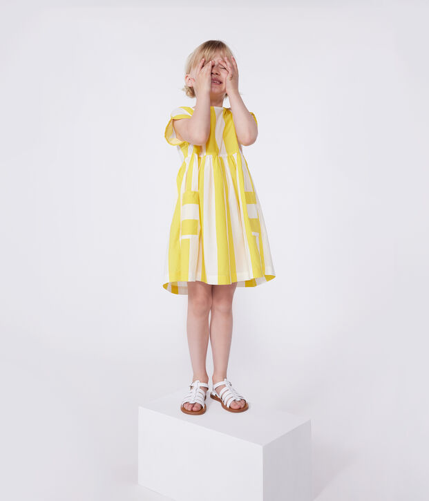 Robe enfant en coton manches courtes &agrave; rayures blanc/jaune