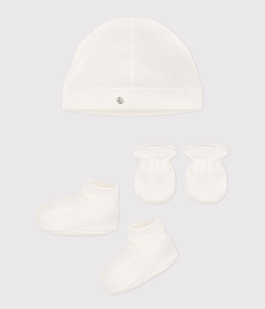 Lot de bonnet chaussons et moufles bébé (Petit Bateau) - Couverture
