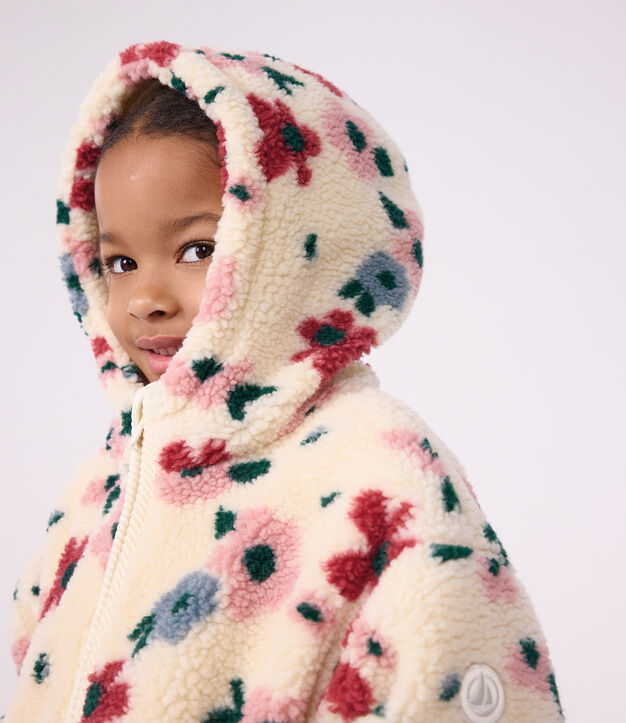 Veste &agrave; capuche enfant en sherpa &agrave; fleurs &eacute;cru/multicouleur