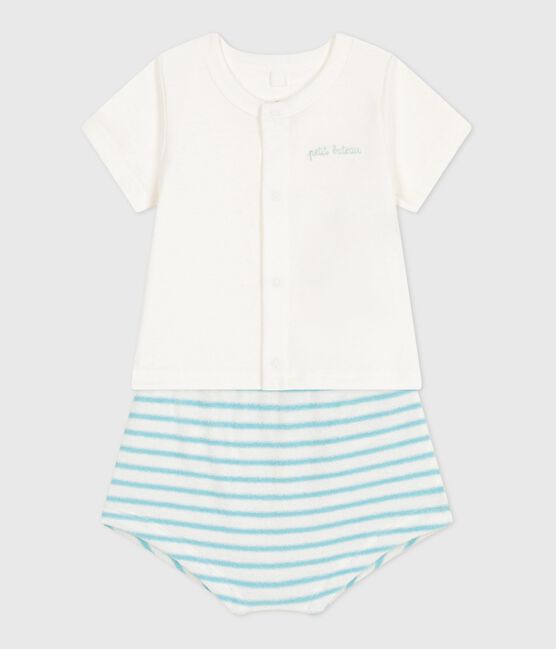 Ensemble naissance deux pièces en coton avec bas rayé bleu MARSHMALLOW/ AQUATIC