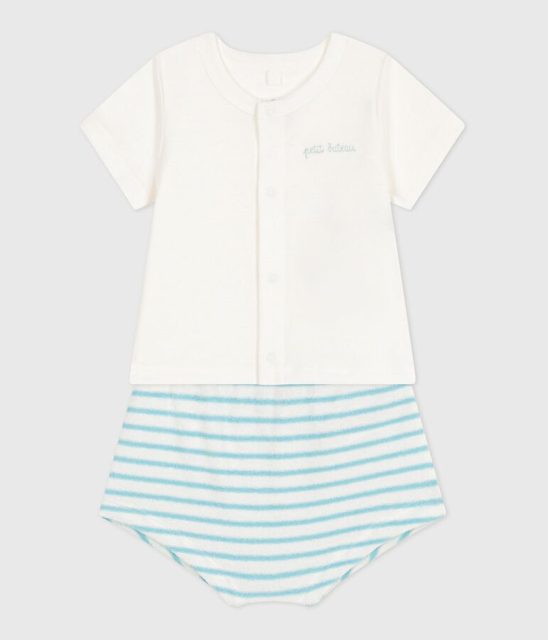 Ensemble naissance deux pi&egrave;ces en coton avec bas ray&eacute; bleu MARSHMALLOW/ AQUATIC