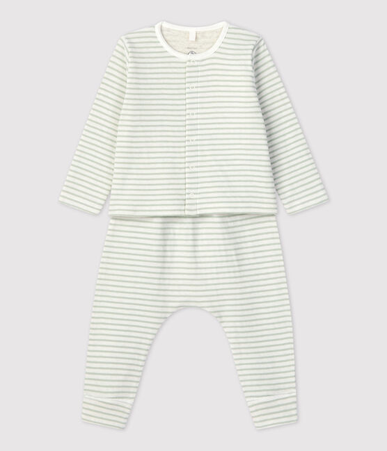 Ensemble 2 pièces rayé en tubique bio bébé blanc MARSHMALLOW/ HERBIER
