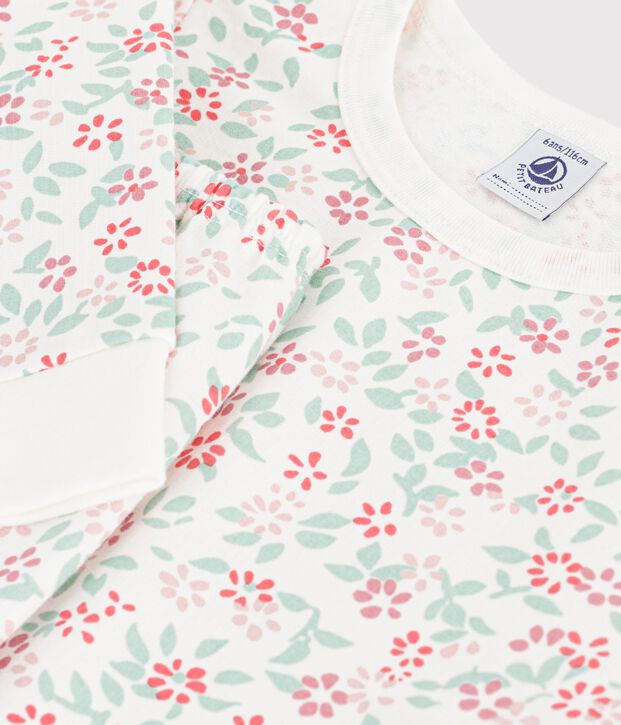 Pyjama enfant en molleton &agrave; fleurs blanc/multicouleur
