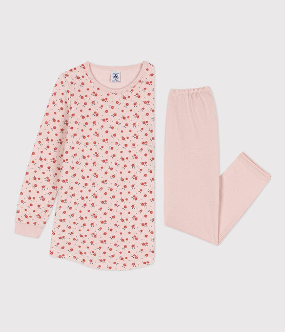Chemise de nuit et legging fleur petite fille en velours et en coton rose SALINE/blanc MULTICO
