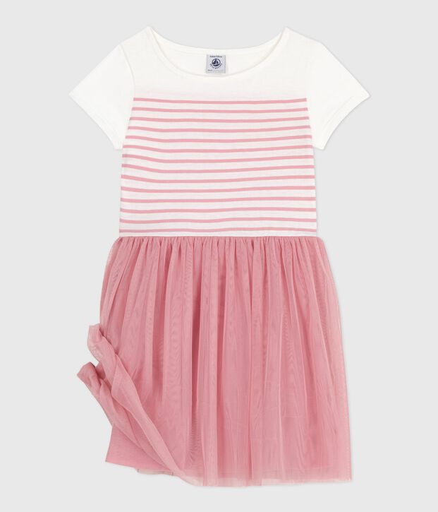 Robe enfant en coton et tulle manches courtes blanc/rose