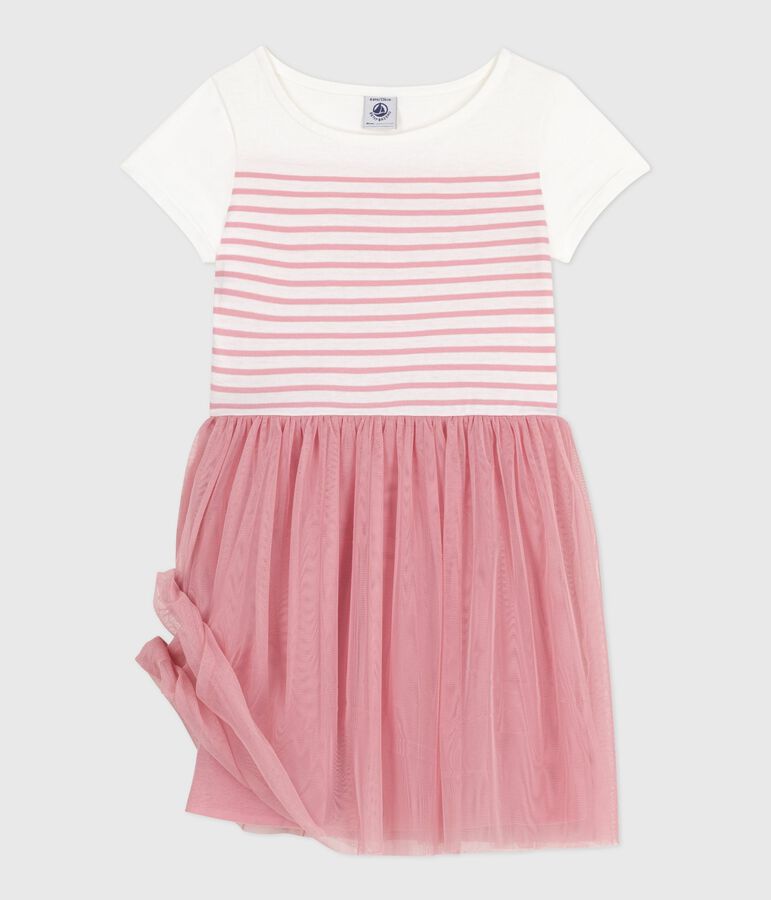 Robe enfant en coton et tulle manches courtes blanc MARSHMALLOW/rose CHARME