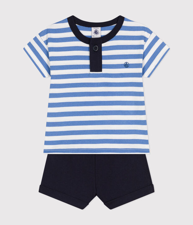 Ensemble tee-shirt et short en jersey b&eacute;b&eacute; bleu/blanc