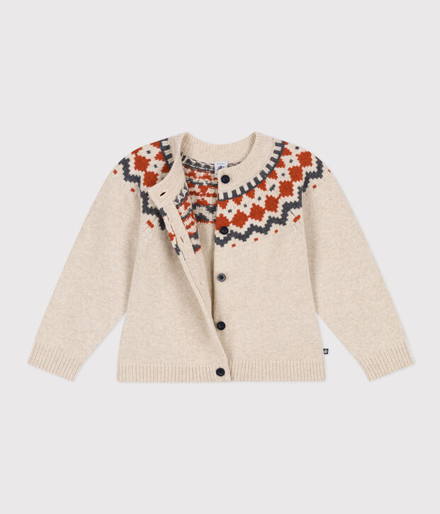 Cardigan jacquard laine et coton enfant fille beige/multicouleur