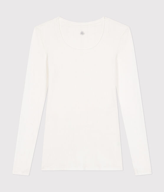 Tee-shirt femme en coton col danseuse manches longues   blanc MARSHMALLOW