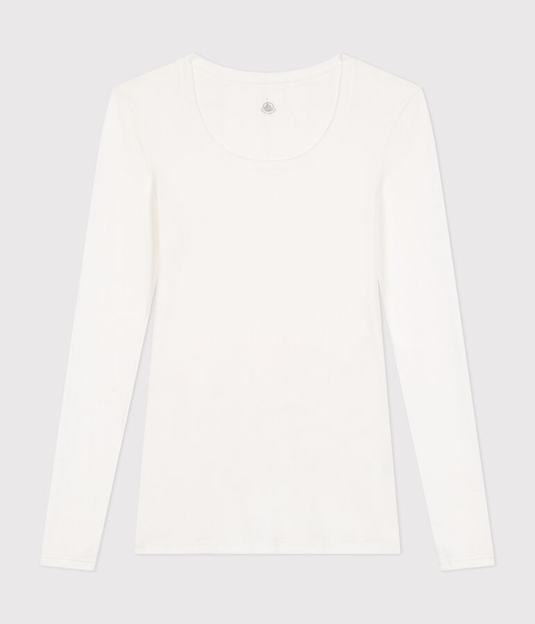 Tee-shirt femme en coton col danseuse manches longues blanc MARSHMALLOW