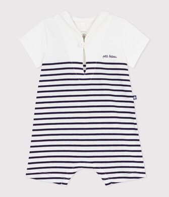 Combinaison courte b&eacute;b&eacute; en coton ray&eacute;e et col vareuse