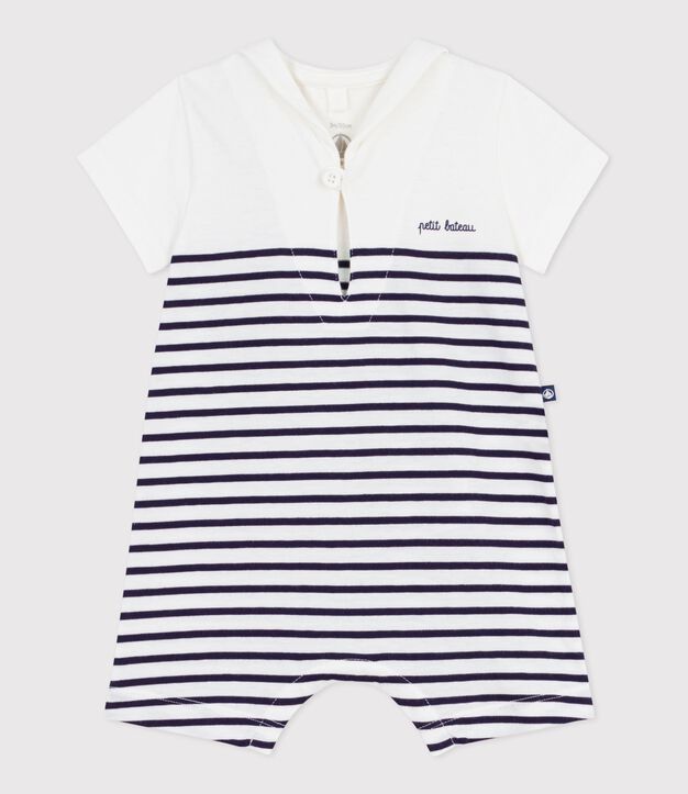 Combinaison courte b&eacute;b&eacute; en coton ray&eacute;e et col vareuse bleu/bleu