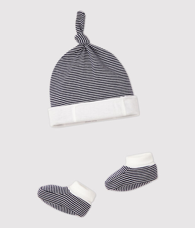 Lot bonnet naissance et chaussons &agrave; rayures b&eacute;b&eacute; en coton biologique multicouleur