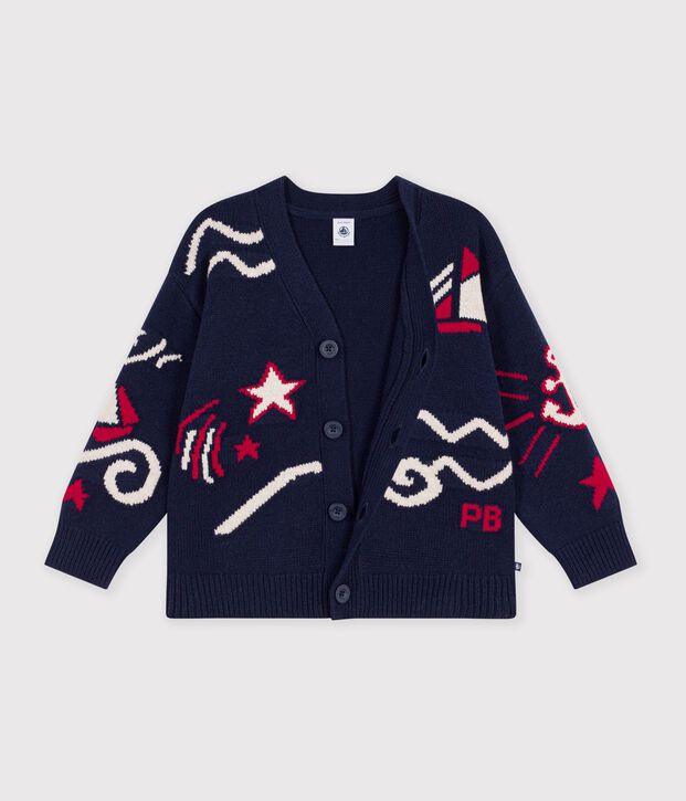 Cardigan enfant en laine et coton &agrave; motifs rouge/multicouleur