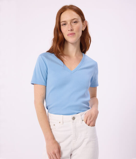 Tee-shirt femme en coton manches courtes uni bleu FLO