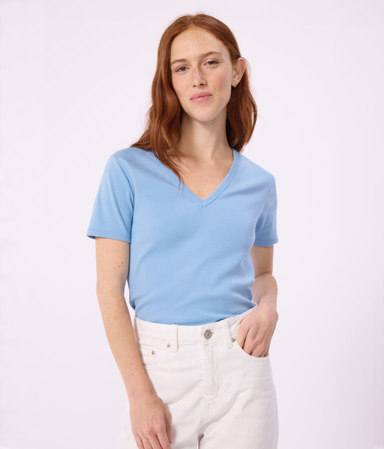 Tee-shirt femme en coton manches courtes uni bleu