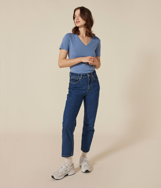 Tee-shirt l'Iconique col V en coton uni femme bleu BEACH